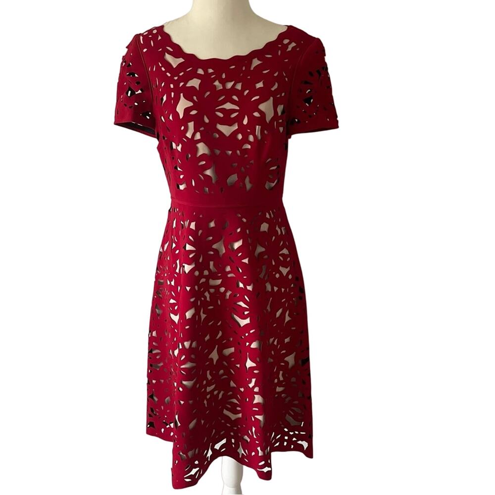 Moulinette Soeurs Red Laser Cut Floral Midi Dress - Size 4
